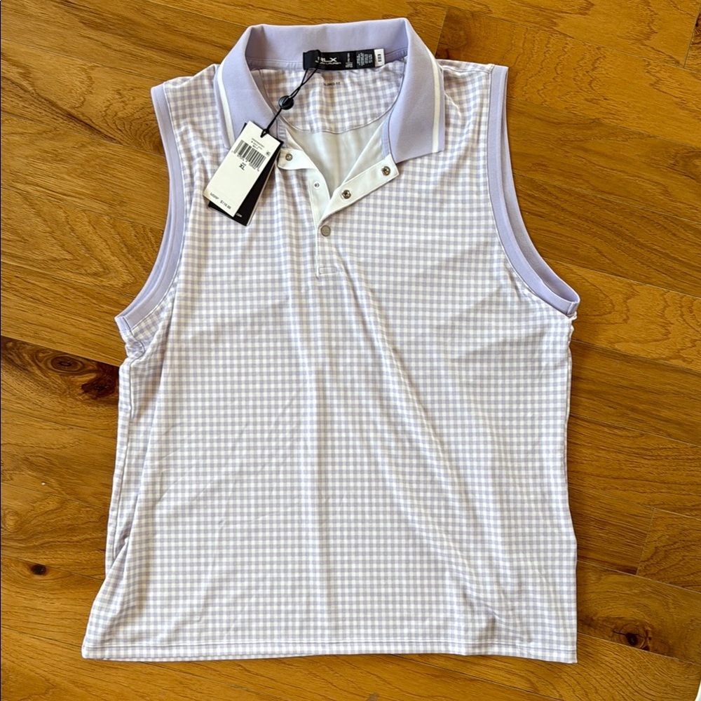 Purple and White Gingham Sleeveless Polo Shirt